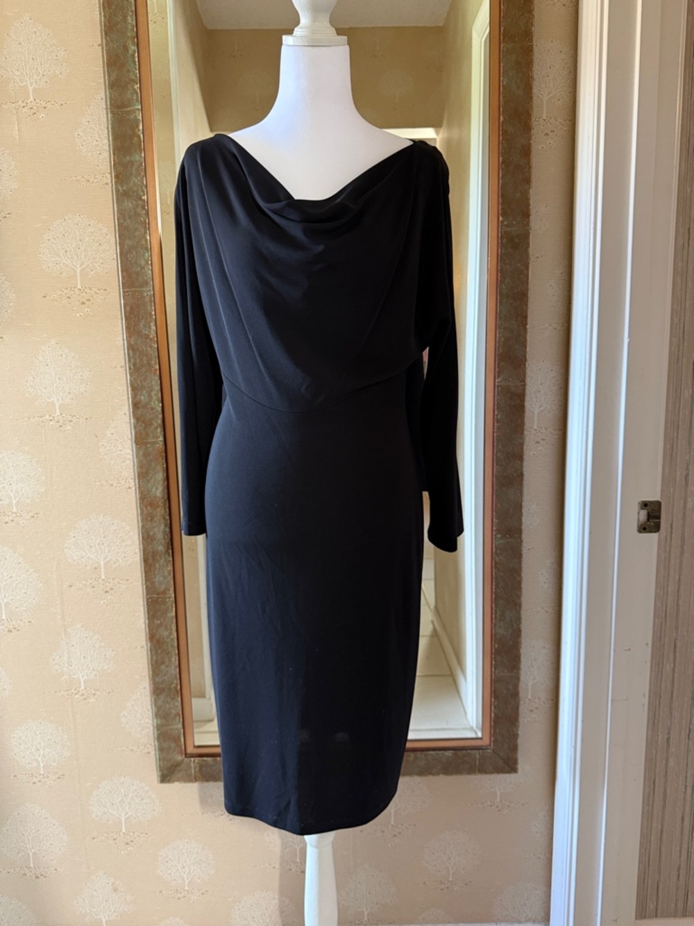 Classic Black Cowl Neck Long Sleeve Sheath Dress